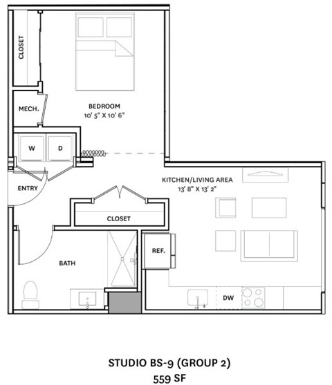 A floor plan for a studio apartment with a kitchen, living area, and bathroom.