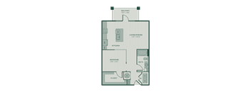 A floor plan of a home with a living room, kitchen, bedroom, bathroom, closet, and balcony.