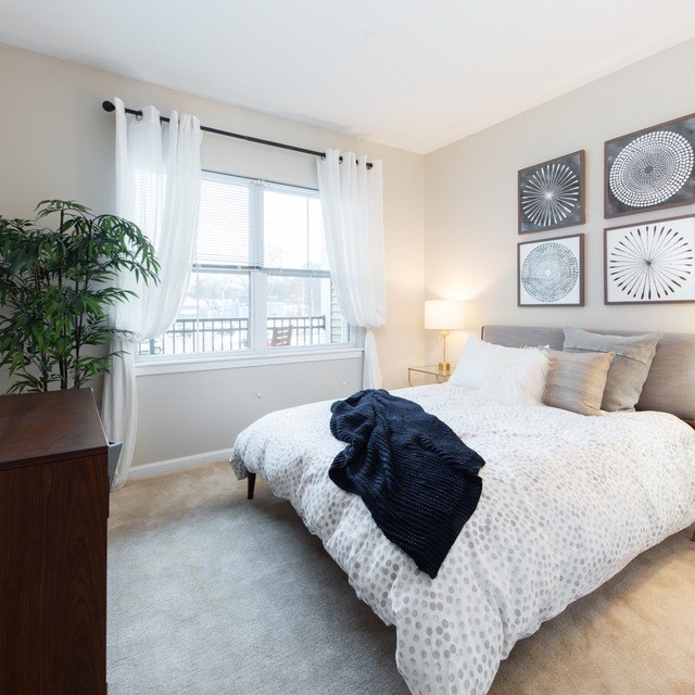 A bedroom with a bed, a nightstand, and a plant.
