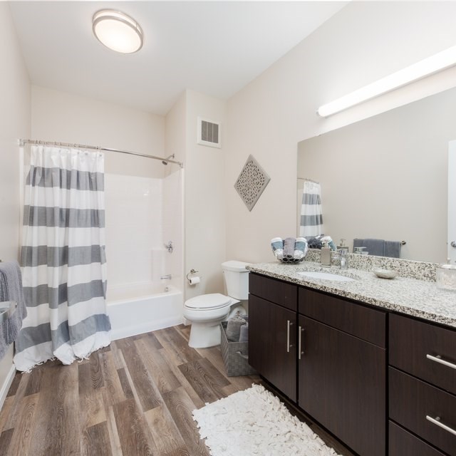 A bathroom with a toilet, sink, and shower.