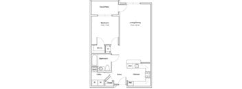 A floor plan of a small apartment with a deck/patio, bedroom, bathroom, kitchen, living/dining area, and a utility space.