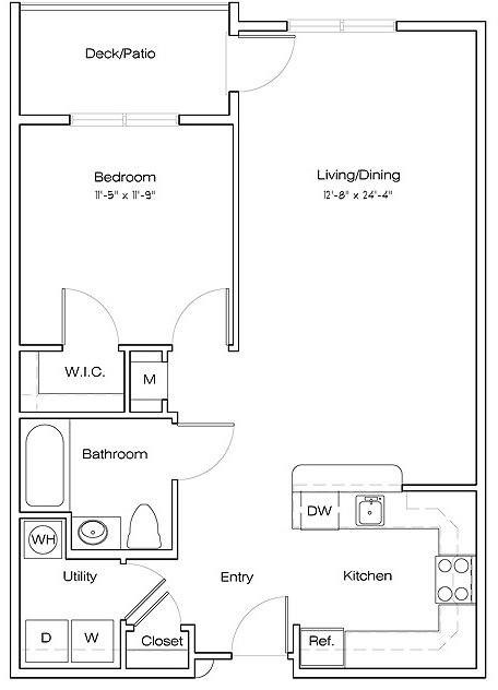 A floor plan of a small apartment with a deck/patio, bedroom, bathroom, kitchen, living/dining area, and a utility space.