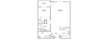 A black and white floor plan of a small apartment with a kitchen, bathroom, and living room.