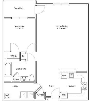 A black and white floor plan of a small apartment with a kitchen, bathroom, and living room.