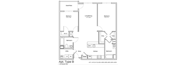 A floor plan of an apartment type B with a total area of 1,155 square feet.