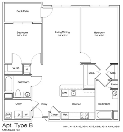A floor plan of an apartment type B with a total area of 1,155 square feet.