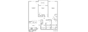 A floor plan of an apartment type D with a living/dining area, kitchen, two bathrooms, and three bedrooms.