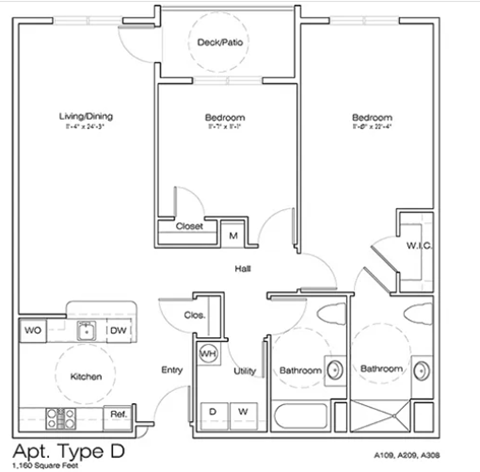 A floor plan of an apartment type D with a living/dining area, kitchen, two bathrooms, and three bedrooms.
