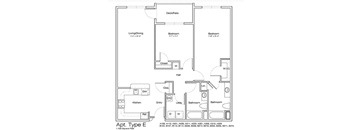 A floor plan of an apartment type E with a living/dining area, two bedrooms, a kitchen, a bathroom, and a deck/patio.