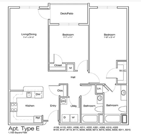 A floor plan of an apartment type E with a living/dining area, two bedrooms, a kitchen, a bathroom, and a deck/patio.