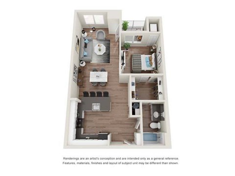 A floor plan of a small apartment with a kitchen, living room, and bedrooms.