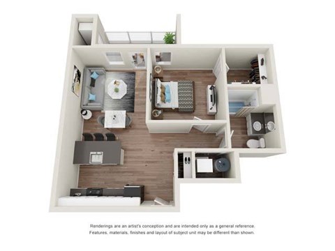 A 3D rendering of a modern apartment layout with a kitchen, living room, and bedrooms.