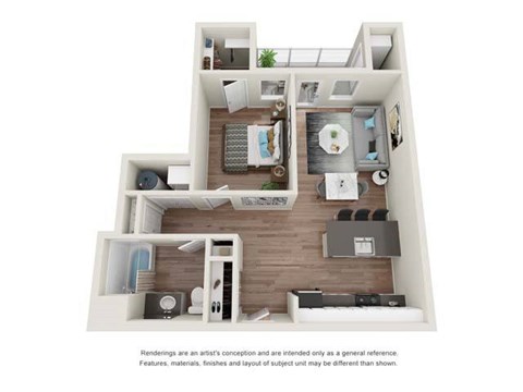 A 3D rendered image of a modern apartment layout.