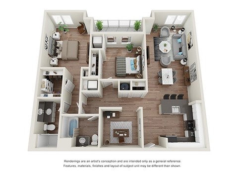 A 3D floor plan of a house with a kitchen, living room, and bathroom.