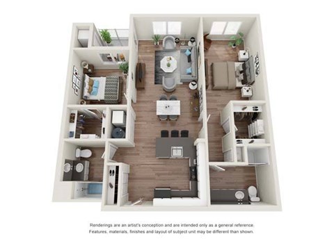 A floor plan of a two-bedroom apartment with a living room, kitchen, and bathroom.