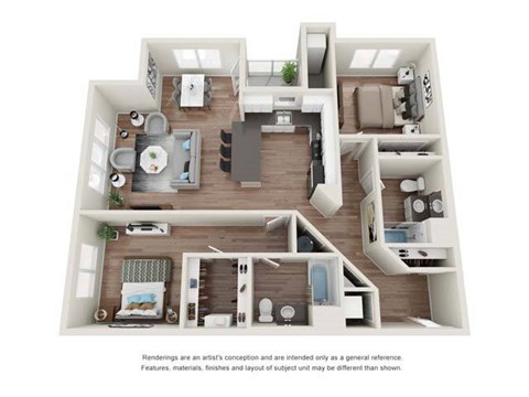 A 3D floor plan of a house with a kitchen, living room, dining room, and two bedrooms.