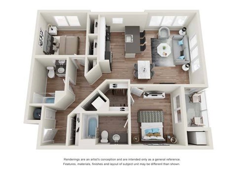 A 3D rendered image of a house layout.