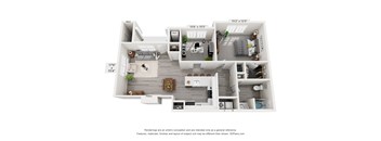 A floor plan of a two-bedroom apartment with a living room, kitchen, and bathroom.