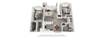 A 3D floor plan of a house with a kitchen, living room, and two bedrooms.