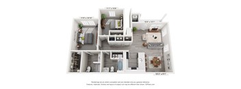 A 3D floor plan of a house with a living room, kitchen, and bathroom.