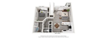 A floor plan of a two-bedroom apartment with a living room, kitchen, and bathroom.