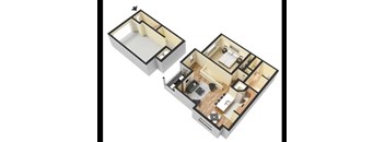 A 3D floor plan of a small apartment with a kitchen, living room, and bathroom.