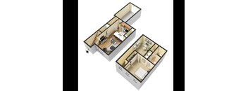 A 3D image of a house layout with two floors.