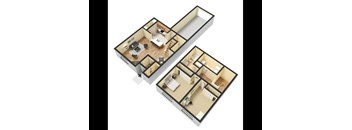 A 3D floor plan of a house with two bedrooms, a living room, a kitchen, and a bathroom.