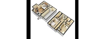 A 3D floor plan of a house with two bedrooms, a living room, a kitchen, and a bathroom.