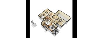 A 3D floor plan of a multi-room apartment.