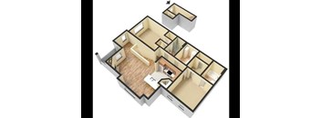 A 3D floor plan of a house with a kitchen, living room, and bedrooms.