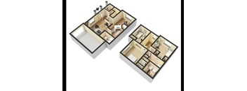 A 3D floor plan of a two-story residential building.