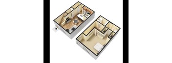 A 3D floor plan of a house with two bedrooms, a living room, a kitchen, and a bathroom.