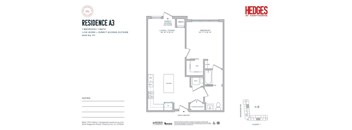 A floor plan for a residence with a bedroom, bathroom, living room, and kitchen.