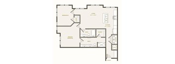 A floor plan of a home with a living room, kitchen, bathroom, and bedrooms.