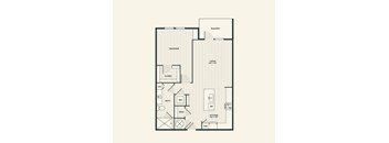 A floor plan of a house with a bedroom, living room, kitchen, and bathroom.