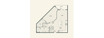A floor plan of a house with a balcony, living room, bedroom, bathroom, kitchen, and a coat area.