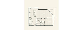 A floor plan of a small apartment with a kitchen, living room, and bathroom.
