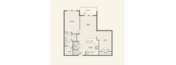 A floor plan of a house with a bedroom, living room, kitchen, and bathrooms.