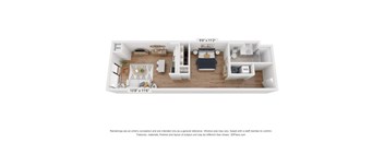 A 3D floor plan of a small apartment with a living room, kitchen, and bedroom.