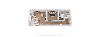 A 3D floor plan of a small apartment with a kitchen, living room, and bedroom.