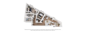 A 3D floor plan of a house with a living room, kitchen, and two bedrooms.