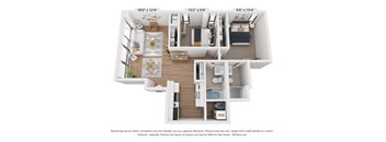 A 3D floor plan of a small apartment with a kitchen, living room, and bedroom.