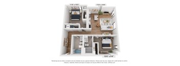 A 3D floor plan of a small apartment with a kitchen, living room, and bedrooms.