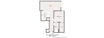A floor plan of a small apartment with a bedroom, bathroom, and kitchen.