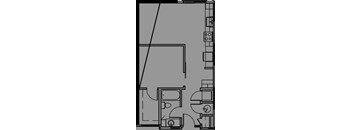 A floor plan of a room with a kitchen area and a bathroom.