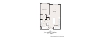 A floor plan of a one bedroom apartment with a bath and a kitchen.