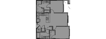 A floor plan of a two-story residential building with a kitchen, living room, and bedrooms.