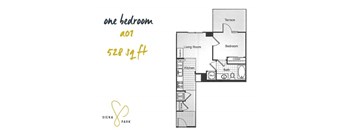 A floor plan of a one bedroom apartment at Siena Park.