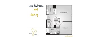 A floor plan of a one bedroom apartment with a living room, kitchen, and bathroom.